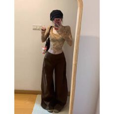 批发撞色格纹U领长袖T恤修身<b class='q'>打底衫</b>小上衣