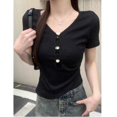韩系假两件短袖t恤女夏季新款设计感小众不规则撞色修身显瘦上衣
