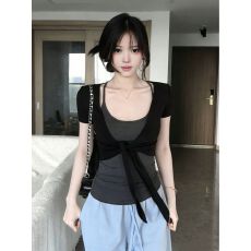 批发美式甜辣妹<b class='q'>套装</b>女夏季绑带短袖开衫吊带两件套上衣