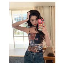 批发美式复古艺术感印花拼接复古无袖时尚独特吊带背心外穿上衣女夏款
