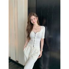 批发白色u领正肩中袖T恤女夏季修身撞色<b class='q'>设计</b>感开衫短款上衣