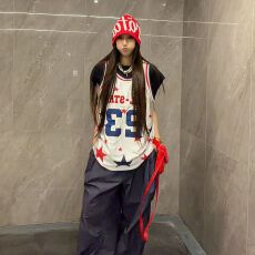批发球衣面料美式美食球衣星星满印撞色圆领背心男女夏季宽松T恤
