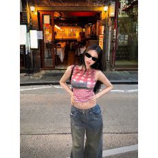 批发美式格子猫咪无袖背心女外穿<b class='q'>春</b>夏海岛泰式y2k辣妹抹胸小上衣独特