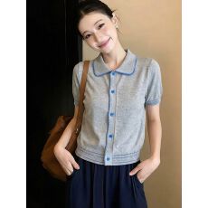 批发撞色polo领薄款针织<b class='q'>开衫</b>上衣女<b class='q'>夏季</b>新款韩系小个子正肩短袖上衣女