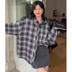 批发韩式复古长袖格子衬衫外套女春<b class='q'>秋</b>季设计感小众宽松百搭翻领衬衣潮