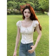批发一字肩白色短袖衬衫女韩系温柔风系带<b class='q'>修身</b>显瘦短款泡泡袖上衣夏