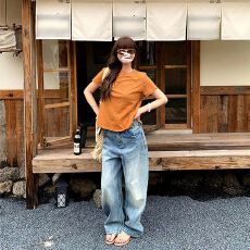 批发纯棉多巴胺橙色字母印花圆领正肩短袖T恤女夏宽松<b class='q'>上衣</b>
