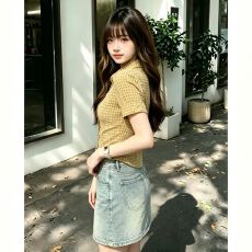 批发黄色爱心刺绣短袖<b class='q'>衬衫</b>女夏季学院风甜美翻折袖收腰<b class='q'>修身</b>格纹上衣