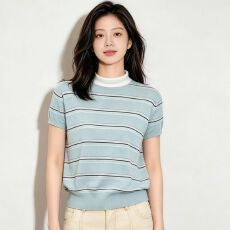 批发韩系撞色条纹圆领短袖针织衫女夏季新款修身显瘦<b class='q'>时尚</b><b class='q'>休闲</b>百搭上衣
