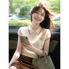 批发韩系休闲学院风撞色polo领针织短袖女夏<b class='q'>新款</b>设计感上衣