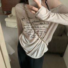 批发露肩吊带长袖T恤女夏薄款字母宽松防晒罩衫打底小衫上衣