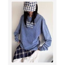 批发蓝色复古水洗做旧字母印花长袖t恤女秋季设计感宽松<b class='q'>情侣</b><b class='q'>百搭</b>上衣