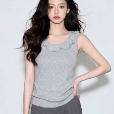 批发法式甜美荷叶边无袖<b class='q'>背心</b>T恤女2026年夏季修身气质百搭高级感上衣