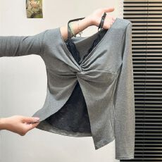 批发法式纯欲风蕾丝拼接纽结长袖<b class='q'>t</b><b class='q'>恤</b>女假两件打底衫上衣 早秋新款