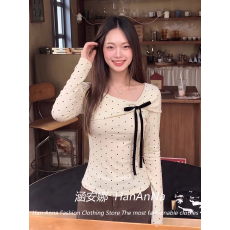 批发韩系满印波点蝴蝶结长袖上衣女甜美打底 应季新款 轻熟风 高级感