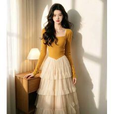 批发春季新款时尚方领气质长袖拼接黄色<b class='q'>连衣裙</b>女装优雅网纱长 上新款