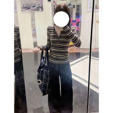 批发不减价#复古正肩条纹长袖t恤女春秋新款内搭打底衫收腰修身上衣