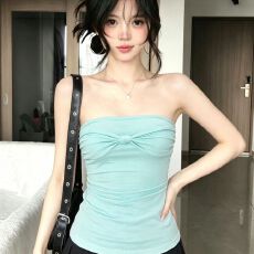 批发美式辣妹扭结简约修身抹胸背心女<b class='q'>夏</b>季新款多巴胺修身显瘦无袖上