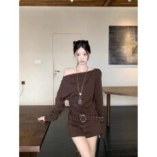 批发配腰带】辣妹套装黑色一<b class='q'>字</b>领长袖<b class='q'>T</b>恤女秋季高腰休闲<b class='q'>裤</b>短<b class='q'>裤</b>子两件