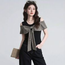 批发高级感蝴蝶结格子拼接<b class='q'>露肩</b>短袖T恤女装2026夏季新款流行小衫<b class='q'>上衣</b>