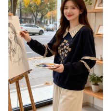 大码美式复古风个性印花长袖卫衣女秋冬胖mm显瘦设计感假两件上