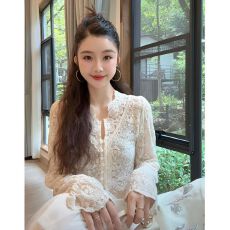批发蕾丝 <b class='q'>镂空</b>上衣显瘦百搭重工刺绣V领春秋季衬衣开衫女潮 秋款上新