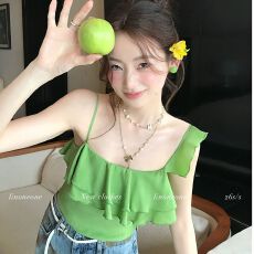 批发多巴胺荷叶边吊带背心女装夏季新修身收腰显瘦绿色辣妹韩系小上