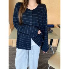 批发韩系圆领百搭慵懒休闲松弛风撞色条纹纽扣<b class='q'>长袖</b> 早秋新款 简约风