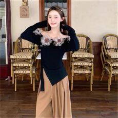 批发秋冬小众羽毛花朵轻奢针新款修身显瘦<b class='q'>长袖</b>上衣女 秋冬新款 优雅