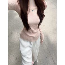 批发修身针织打底衫女早春季新款粉色套头毛衣高级感长袖上衣 上新款