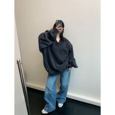 纯棉华棉复贝贝绒 做工美式高街刺绣V领卫衣女宽松套头长袖秋