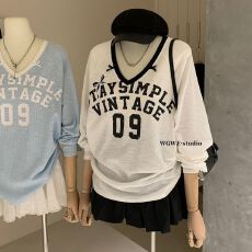 时尚潮流2026春季新款芭董双蝴蝶结V领宽松字母长袖T恤 早秋新款