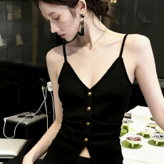 批发韩系氛围感黑色v领单排扣无袖吊带背心女夏季款简约百搭显瘦上