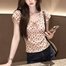 批发<b class='q'>韩</b>系甜美<b class='q'>风</b>碎花短袖衬衫女夏季新款蝴蝶结系带修身百搭