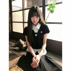 批发<b class='q'>韩</b>系假两件短袖t恤女夏季穿搭波点衬衣修身显瘦休闲学院<b class='q'>风</b>上衣