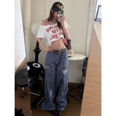 批发印花斜肩短袖T恤女夏韩系慵懒风宽松<b class='q'>休闲</b>松弛感露肩上