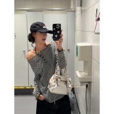 MR复古条纹撞色防晒长袖上衣女显瘦薄款辣妹打底衫新款