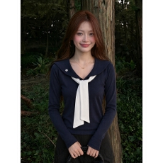 批发韩系减龄气质娃娃领撞色上衣女辣妹长袖新款百搭时尚显瘦