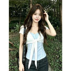 批发韩系绑带开衫条纹上衣女夏季新款辣妹风时尚<b class='q'>百搭</b>修身显瘦两件套
