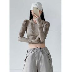 批发欧美街头长袖高腰修身圆领露脐扎新款百搭时尚显瘦气质