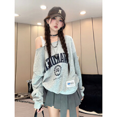 批发时尚美式黑色斜肩宽松长袖卫衣秋季<b class='q'>新款</b>露肩假两件百搭