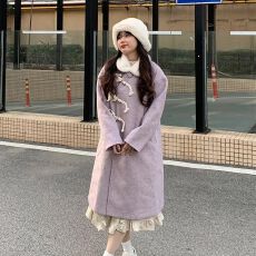 批发新中式毛领呢子大衣女中长款春<b class='q'>秋</b>牛角扣斜门襟毛呢外套