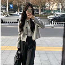 批发秋冬季<b class='q'>新款</b>小香风外套女短款气质复古圆领单排扣条纹宽松
