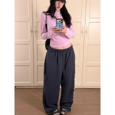 批发美式复古做旧字母印花蓝灰休闲裤女秋季宽松运动跳舞阔腿