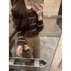 批发韩版复古撞色条纹长袖<b class='q'>开衫</b>女超好看的小个子短款显瘦穿搭上衣