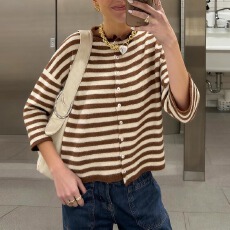 批发跨境欧美<b class='q'>春</b>秋条纹休闲针织女装单排扣开衫日常百搭