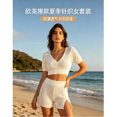 批发欧美跨境新款夏季<b class='q'>运动</b>针织时尚气质紧身薄款内搭<b class='q'>短袖</b>短裤套装百搭