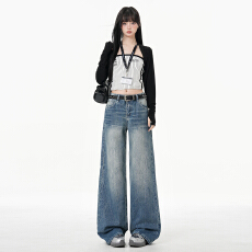 批发2026秋季新款美式水洗褶皱复古蓝水洗阔腿裤女<b class='q'>宽松</b>直筒拖地牛仔裤