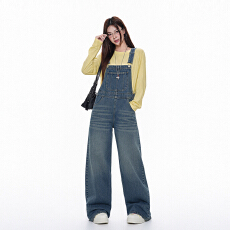 批发美式复古多口袋水洗连体<b class='q'>牛仔</b><b class='q'>背带裤</b>女宽松显瘦休闲时尚百搭直筒裤