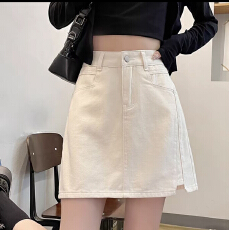 批发ruiliya/芮丽娅米白色牛仔裙女高腰显瘦设计感防走光a字包臀裤裙 